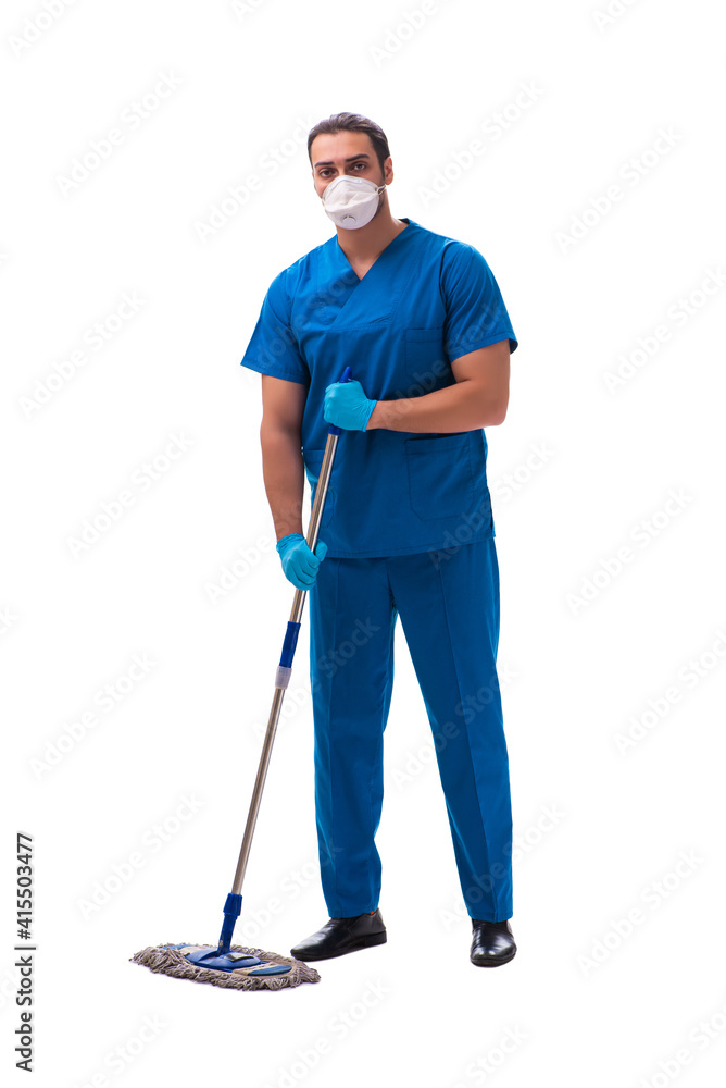 Young male assistant with mop isolated on white Young male assistant with mop isolated on white