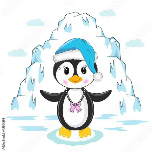 Vector illustration of a penguin on the background of an iceberg.