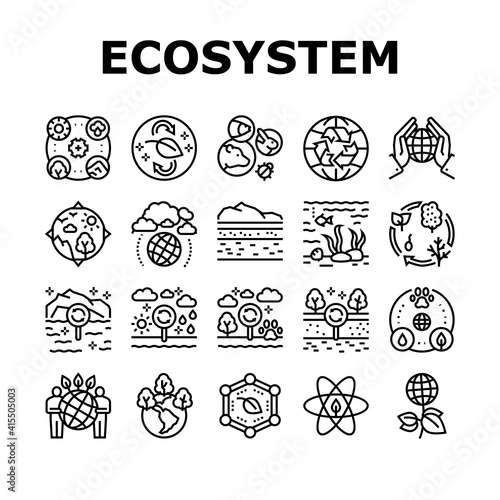 Ecosystem Environment Collection Icons Set Vector. Ecosystem And Ecology, Biodiversity And Life Cycle, Biosphere And Atmosphere Black Contour Illustrations