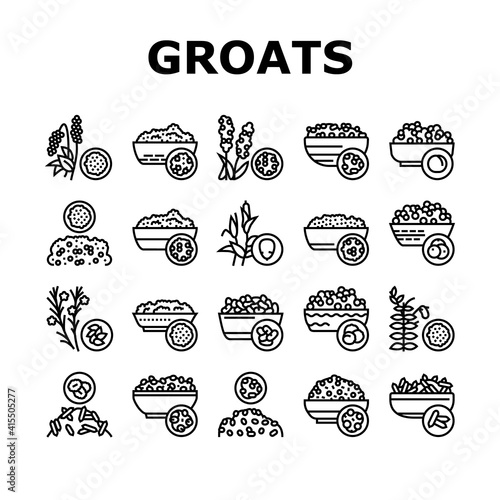 Groats Natural Food Collection Icons Set Vector. Amaranth And Artek, Rice And Corn, Beans And Couscous, Peas And Quinoa Groats Black Contour Illustrations