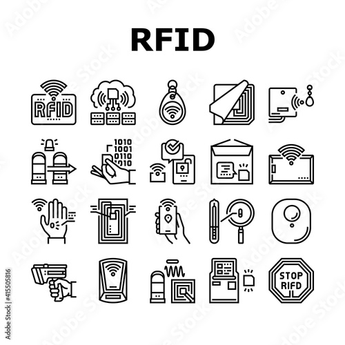 Rfid Chip Technology Collection Icons Set Vector. Security Card And Trinket, Development And Programming Rfid Radio Frequency Identification Black Contour Illustrations