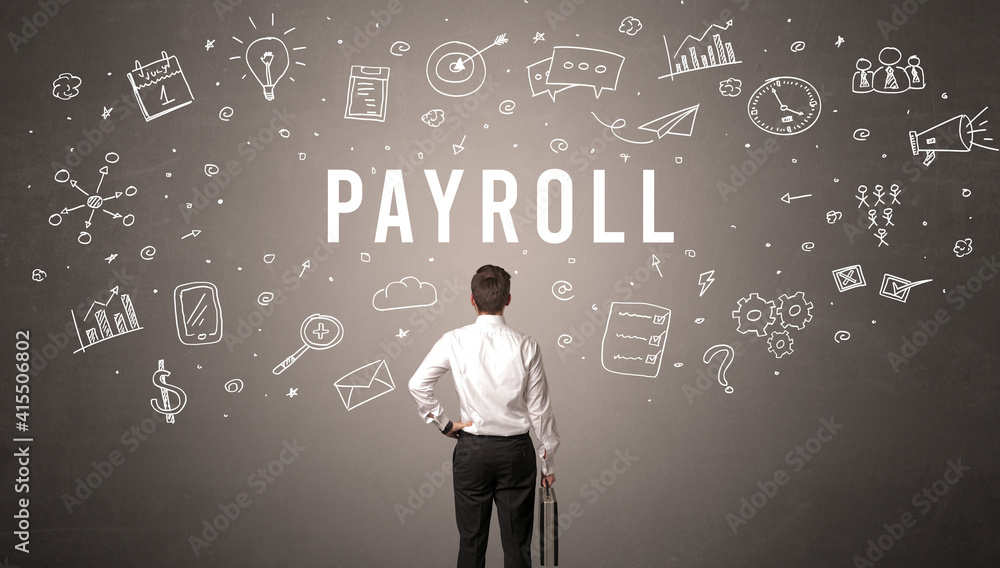 Rear view of a businessman with PAYROLL inscription, modern business concept Rear view of a businessman with PAYROLL inscription, modern business concept