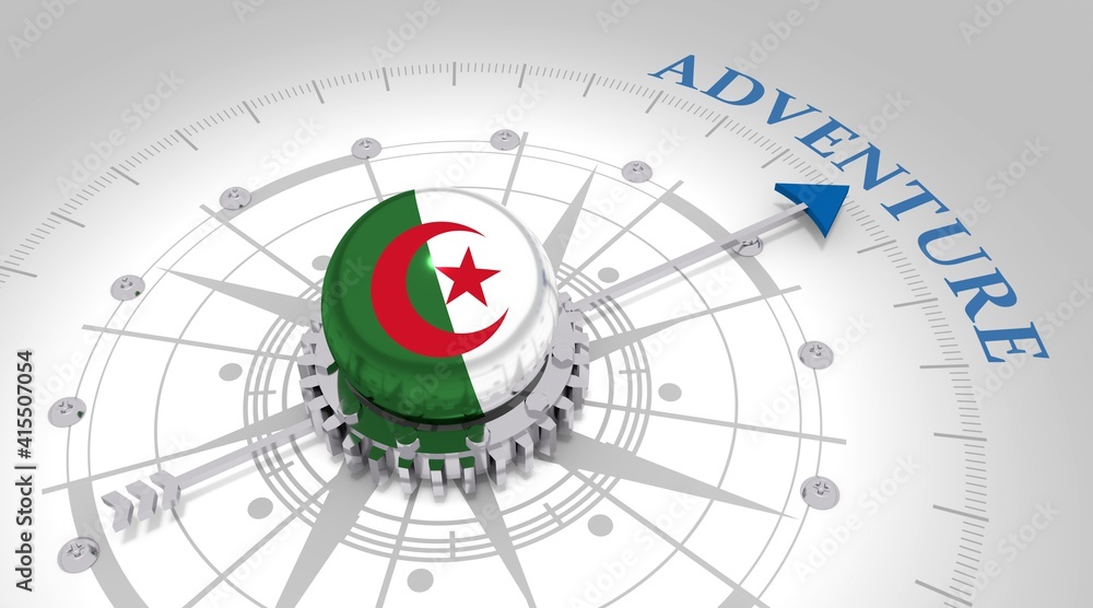 Travel concept. Abstract compass points to the adventure word. Flag of Algeria. 3D rendering Travel concept. Abstract compass points to the adventure word. Flag of Algeria. 3D rendering