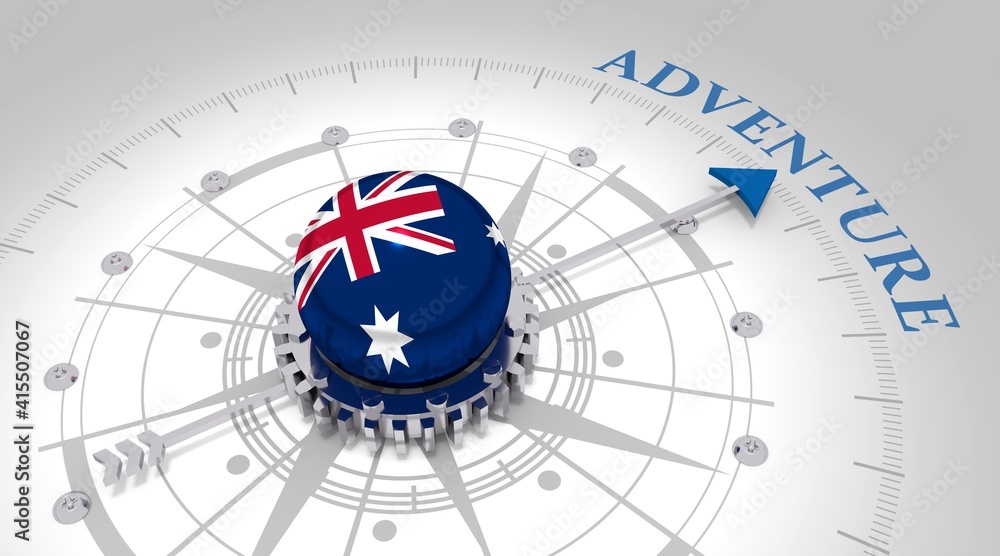 Travel concept. Abstract compass points to the adventure word. Flag of Australia. 3D rendering Travel concept. Abstract compass points to the adventure word. Flag of Australia. 3D rendering