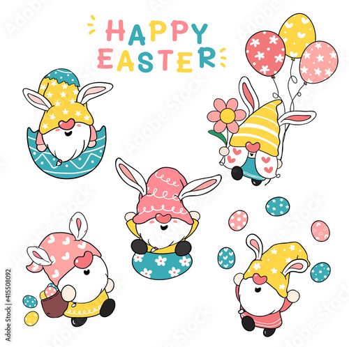 Cute Bunny ears Gnome Happy Easter pastel cartoon doodle illustration clip art collection