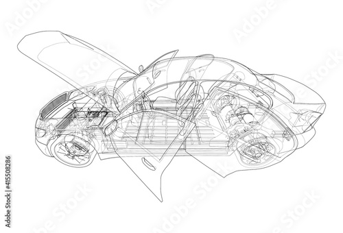 Electric Car With Chassis. Vector rendering of 3d