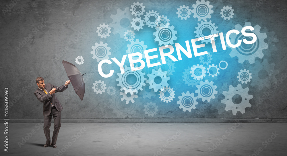 Obraz premium Businessman defending with umbrella from CYBERNETICS inscription, technology concept
