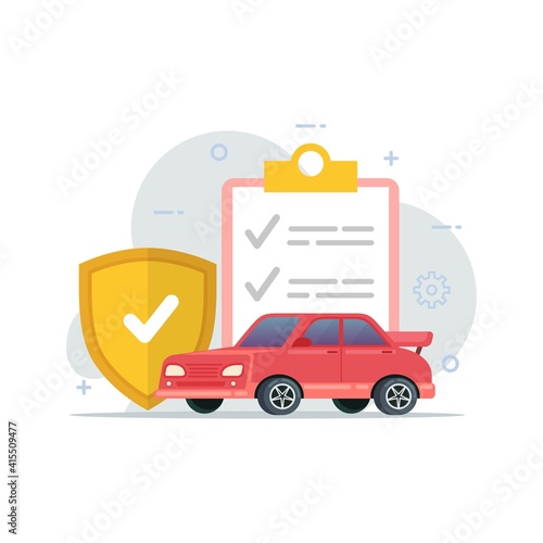 Car insurance coverage protection with contract document and shield vector flat illustration
