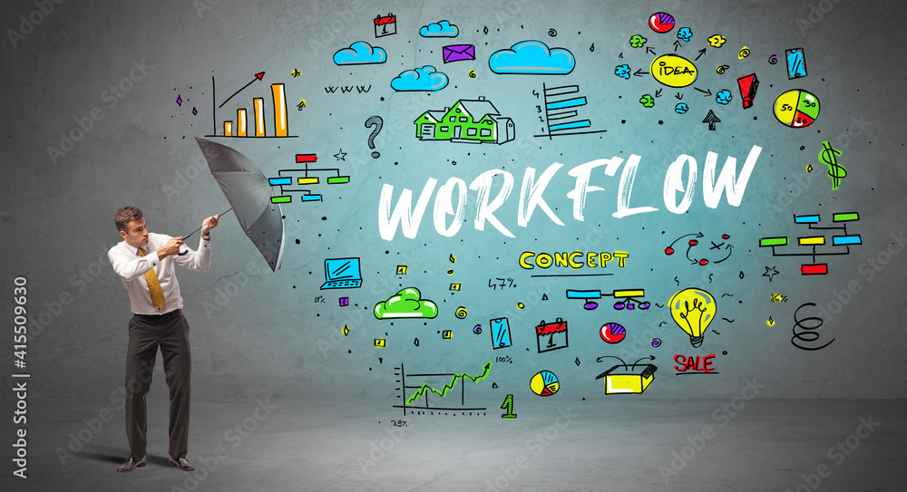 Determined businessman hiding behind umbrella with WORKFLOW inscription, new business concept Determined businessman hiding behind umbrella with WORKFLOW inscription, new business concept