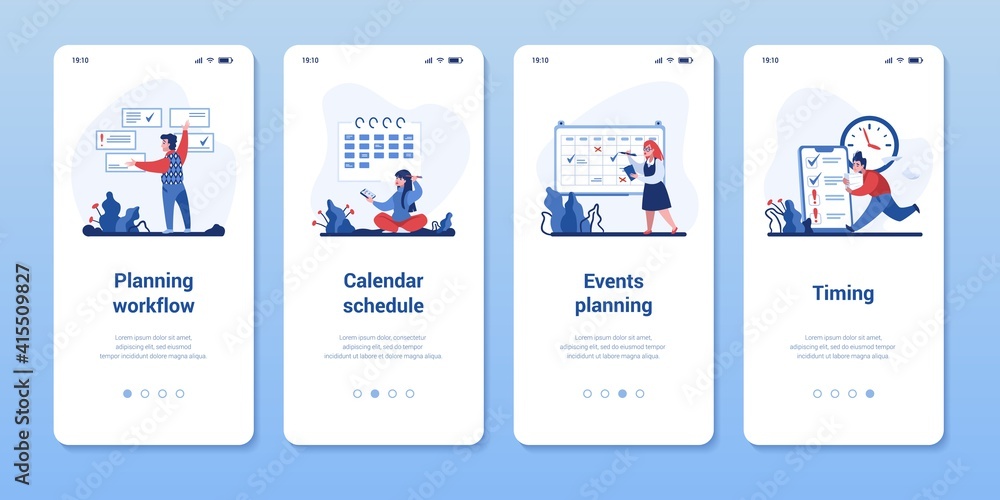 Time management application. Smartphone onboarding screens for planning workflow or meetings and scheduling. Mobile detail app pages set with cartoon vector scenes with hard working business people