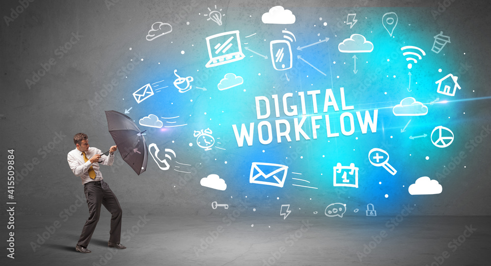 Businessman defending with umbrella from DIGITAL WORKFLOW inscription, modern technology concept Businessman defending with umbrella from DIGITAL WORKFLOW inscription, modern technology concept