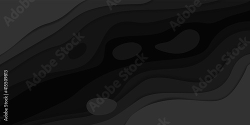 Black paper cut background. Modern 3D abstract wallpaper. Minimal origami curved shapes. Dark multilayer template with color gradient and copy space. Decorative carve design, vector banner mockup