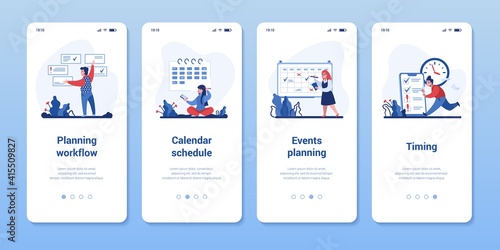 Time management application. Smartphone onboarding screens for planning workflow or meetings and scheduling. Mobile detail app pages set with cartoon vector scenes with hard working business people