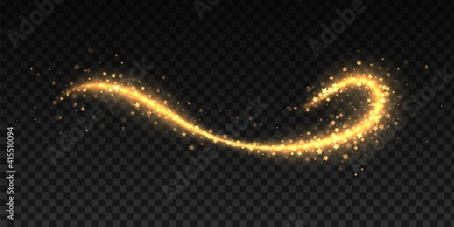 Sparkle stardust. Christmas shining light effects isolated on black background, golden glowing stars, wave and stream of twinkle particles, magical trail vector yellow glitter dust motion illustration