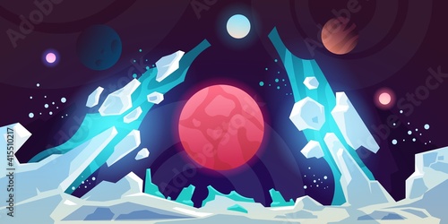 Planet landscape. Alien futuristic science fiction cartoon backdrop, game fiction scene with stranger planet. Dark sky with planets, interstellar space, galaxy panorama vector horizontal background