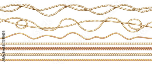 Realistic ropes. 3D natural sailor twisted threads. Seamless jute cords borders with intertwined texture. Isolated straight and curved marine hemp cables. Vector braided twine set in nautical style photo
