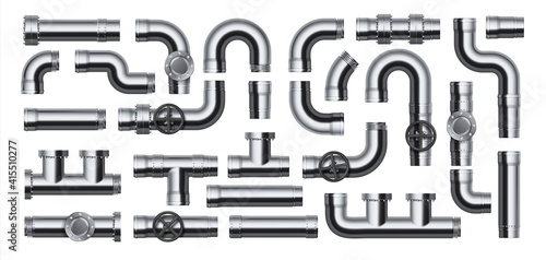 Realistic pipes. Water tube pipelines with valves, joints and connections, plumbing factory steel glossy metallic disassembled elements collection. Vector 3D metal industrial conduit construction