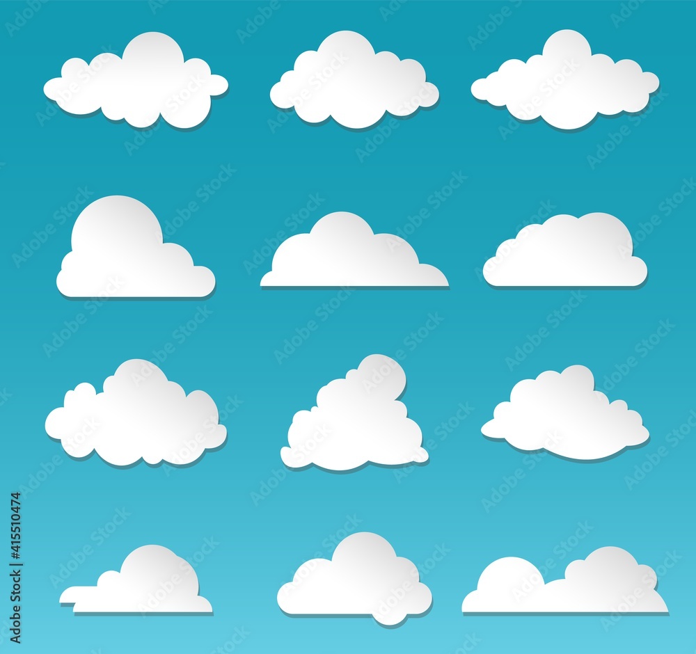 Clouds. Rainy sky. Cartoon fluffy white shapes on blue background. Cutted paper appliques. Decorative mockups for heaven or skyline. Web cloudy storage and computing signs set. Vector weather template Clouds. Rainy sky. Cartoon fluffy white shapes on blue background. Cutted paper appliques. Decorative mockups for heaven or skyline. Web cloudy storage and computing signs set. Vector weather template