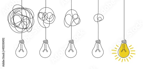 Messy lines and bulb. Idea concept with outline lamps. Doodle tangled cord with knot and broken illuminator. Process of untangling wire to supply electricity to lightbulb. Vector metaphor illustration
