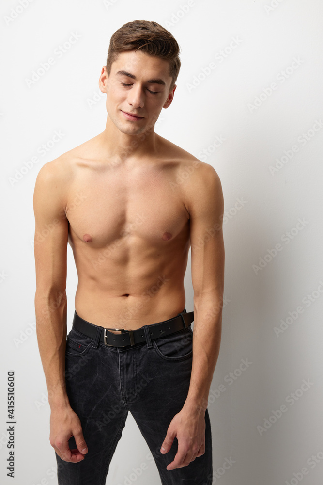 male naked muscled body black pants studio posing cuteness