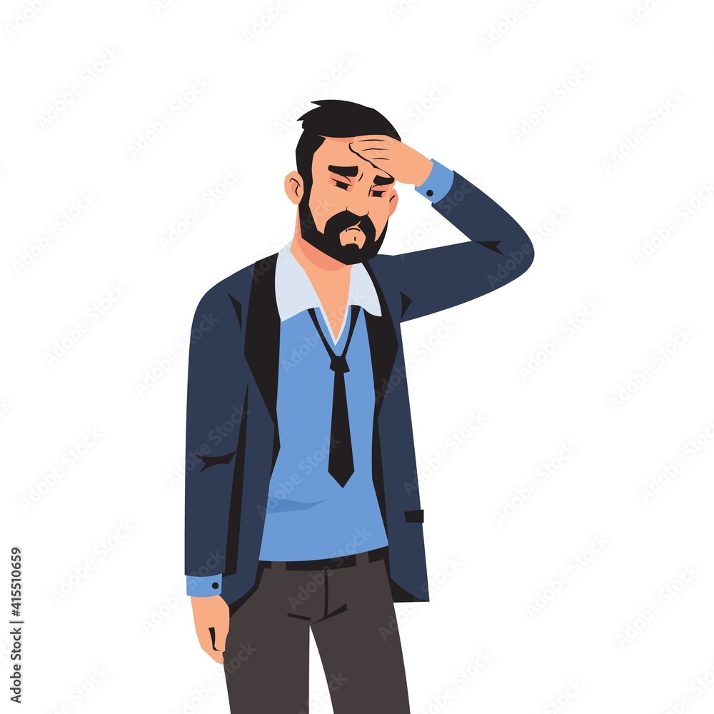 Sad man. Tired depressed cartoon person with headache, sick stressed office employee with problems or failures at work. Isolated gloomy businessman feels frustration and sorrow. Vector illustration