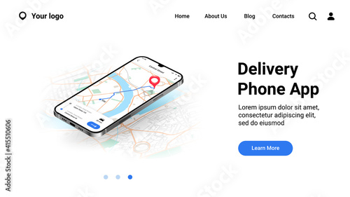 Phone city map landing page. Mobile delivery application interface. Online tracking courier route on urban plan. Website UI realistic design, smartphone GPS service with buttons. Vector web mockup