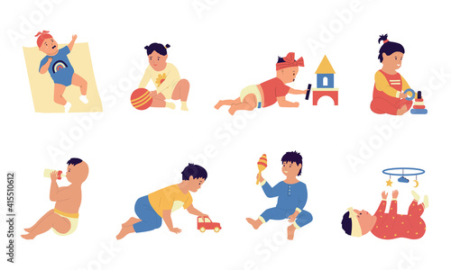 Toddler. Cartoon newborn babies and small children activities. Cute little kids sitting, playing with toys and eating from bottle. Adorable infants stages of growth or development. Vector isolated set