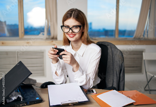 Woman work desk laptop Technology office work emotion manager
