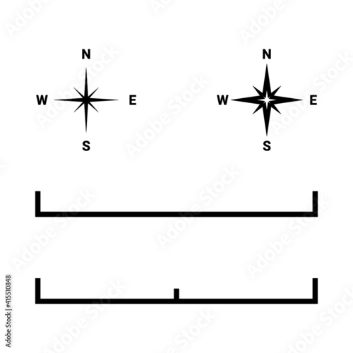 Map symbol. Black direction compass and scale bar.