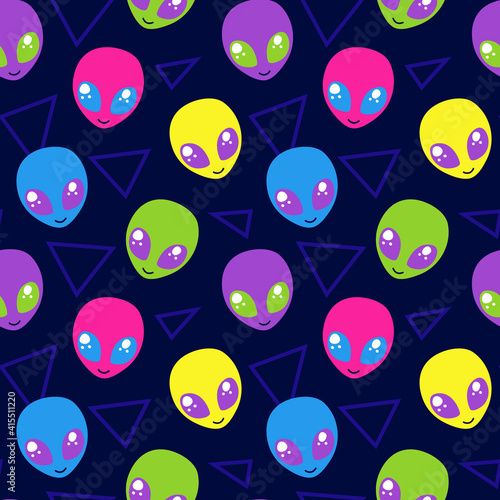 Colorful Aliens on Navy Blue Background with Triangles. Seamless repeating background. Vector illustration.
