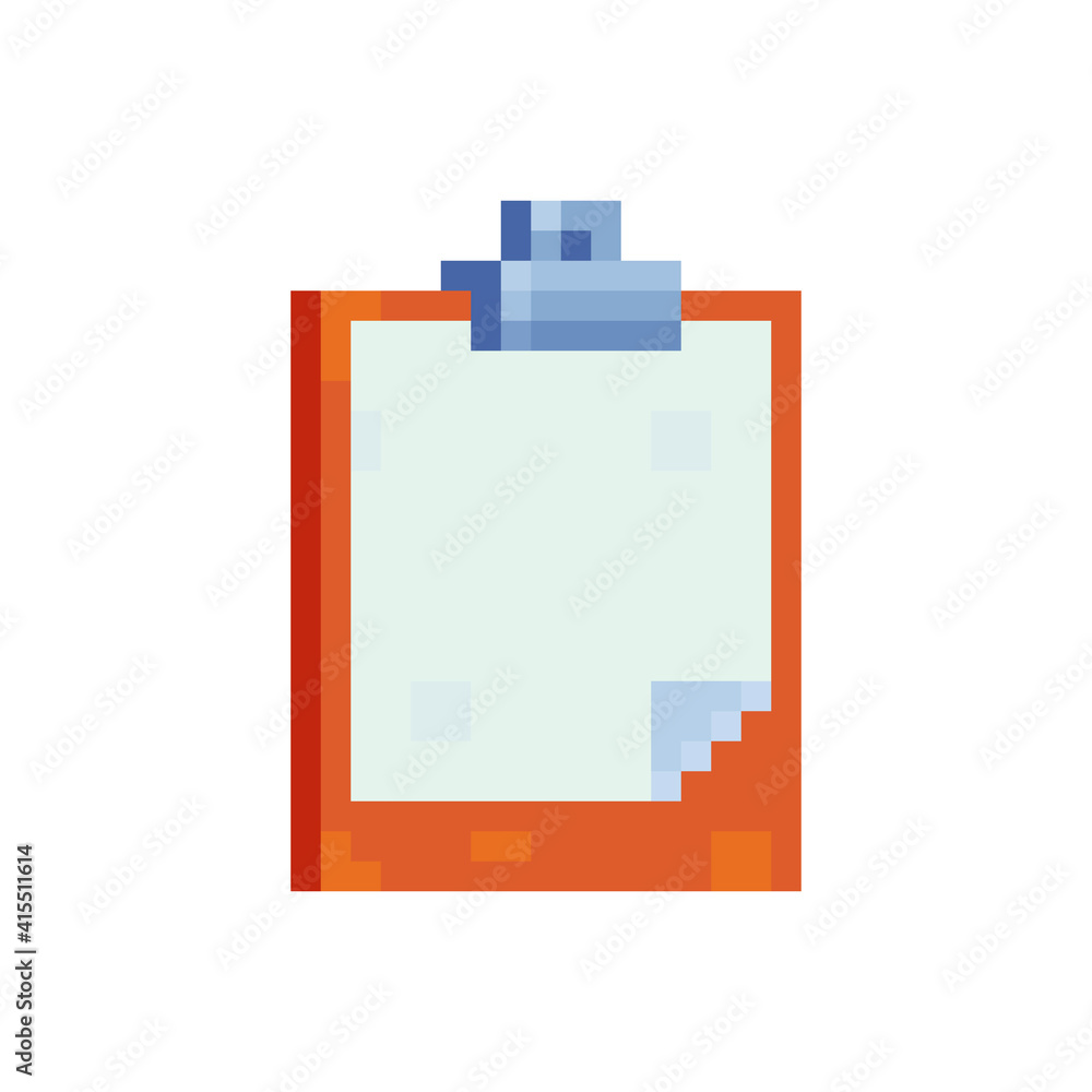 Clipboard icon for notes with clean sheet of paper pixel art icon. Isolated vector illustration. Element design for mobile app, web, sticker, logo. 8-bit. Clipboard icon for notes with clean sheet of paper pixel art icon. Isolated vector illustration. Element design for mobile app, web, sticker, logo. 8-bit.