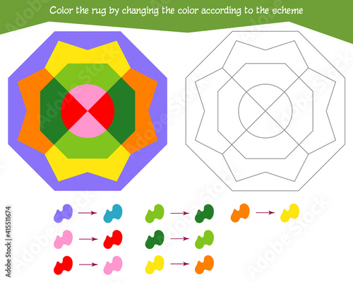  Game for the development of logical thinking. Color the rug by changing the color according to the sample