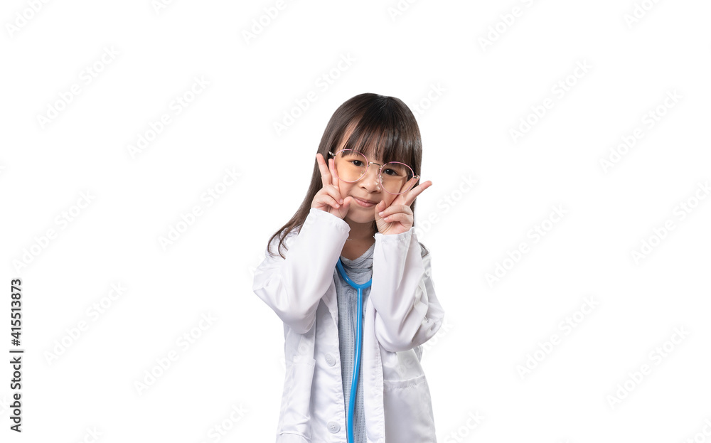 Smiling asian girl wearing glasses in medical uniform with stethoscope, Healthcare and medical concept, isolated on white background with clipping path Smiling asian girl wearing glasses in medical uniform with stethoscope, Healthcare and medical concept, isolated on white background with clipping path