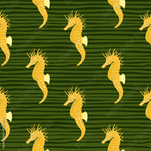 Cartoon seahorse orange bright silhouettes animal print seamless pattern. Green dark striped background. © smth.design