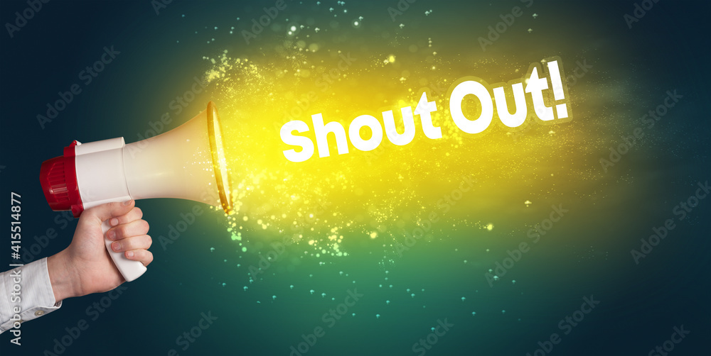 Young woman yelling to loudspeaker with Shout Out! inscription, modern media concept