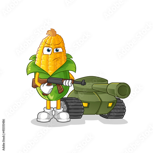 corn soldier with tank character. cartoon mascot vector