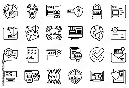 SSL certificate icons set. Outline set of SSL certificate vector icons for web design isolated on white background