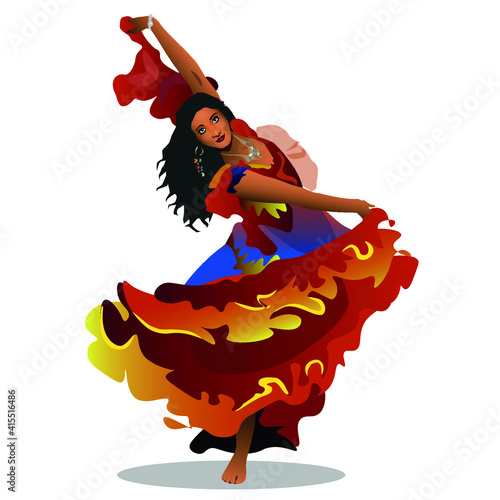 Vector illustration of a dancing gypsy girl with black hair in a red dress on a white background.
