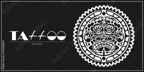 Black banner studio tattoo. Ethnic Maori tribal mask. Polynesian face patterns. Vector illustration.