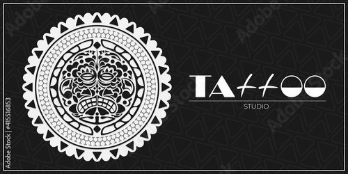 Black banner studio tattoo. Ethnic Maori tribal mask. Polynesian face patterns. Vector