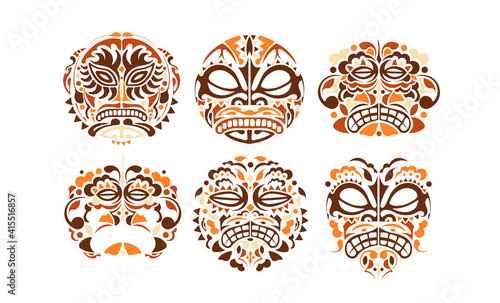 African mask icons set. Tribal African mask illustration on white background. Vector illustration