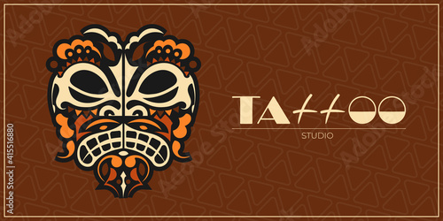 Tattoo studio banner. Maori tribe mask. Face pattern in Polynesian or Hawaiian style. Vector illustration.