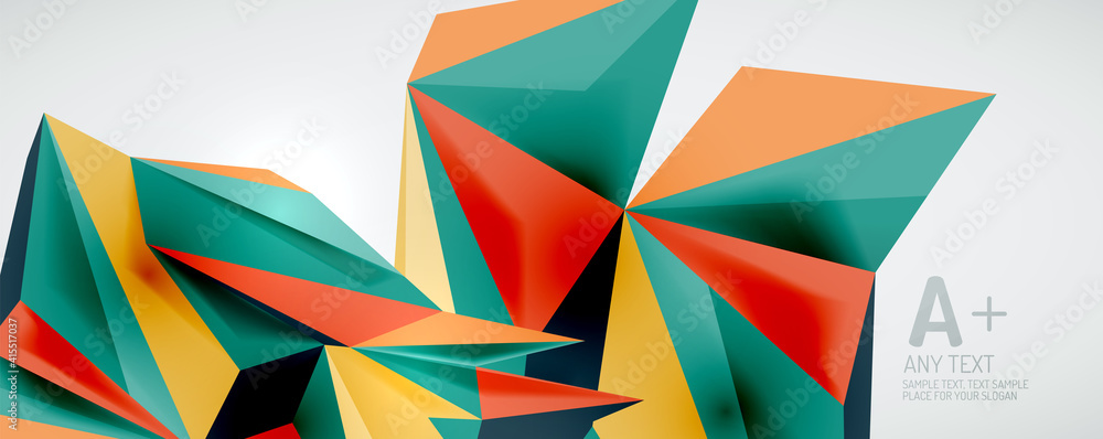 Vector triangle geometric backgrounds. Low poly 3d shape on light backdrop. Vector illustration for covers, banners, flyers and posters and other designs Vector triangle geometric backgrounds. Low poly 3d shape on light backdrop. Vector illustration for covers, banners, flyers and posters and other designs