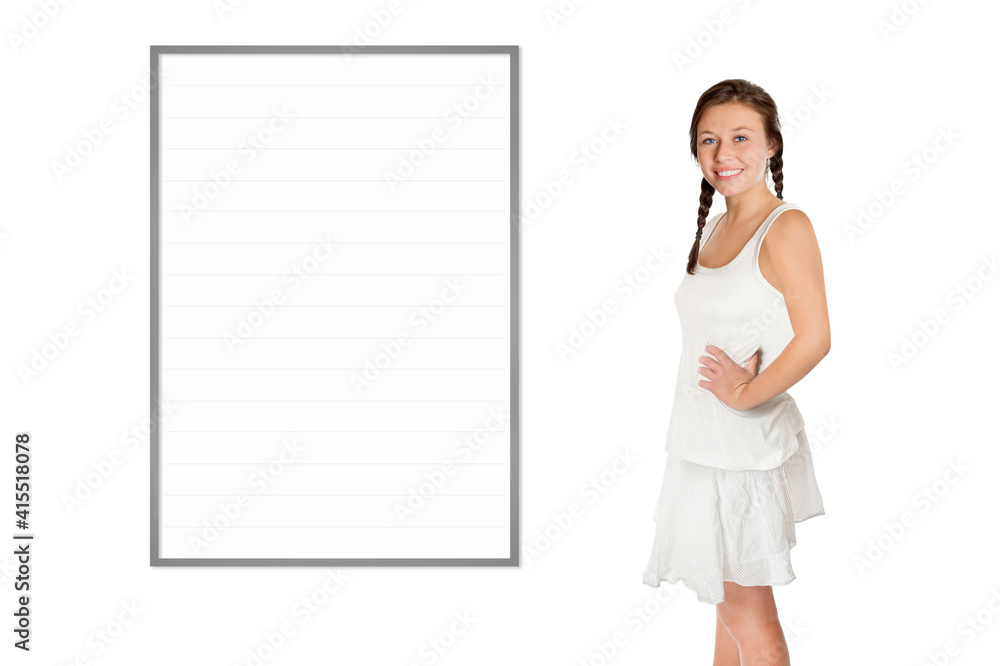 Beautiful young woman in front of a blank whiteboard, isolated on white background Beautiful young woman in front of a blank whiteboard, isolated on white background