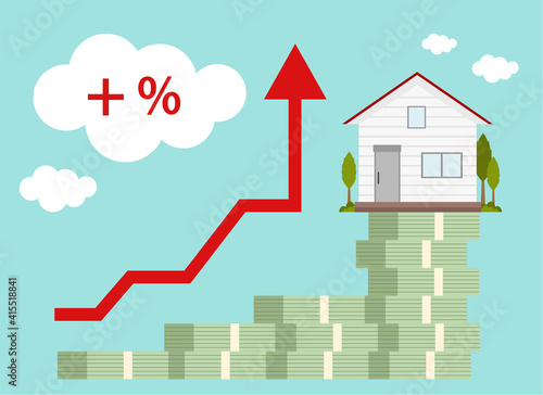 house resting on bundle of money concept for property and estate investment and increasing graph