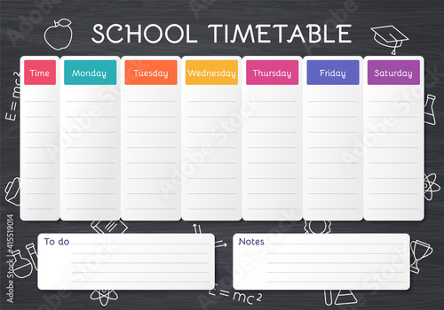 School timetable. Schedule for kids. Student plan template on blackboard with outline school icons. Weekly time table with lessons. Vector illustration. Educational classes diary on English, A4.