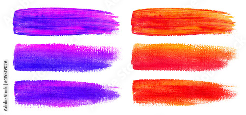 Colorful watercolor brush strokes. Canvas texture. Paint brush. Acrylic smear set. Vector illustration