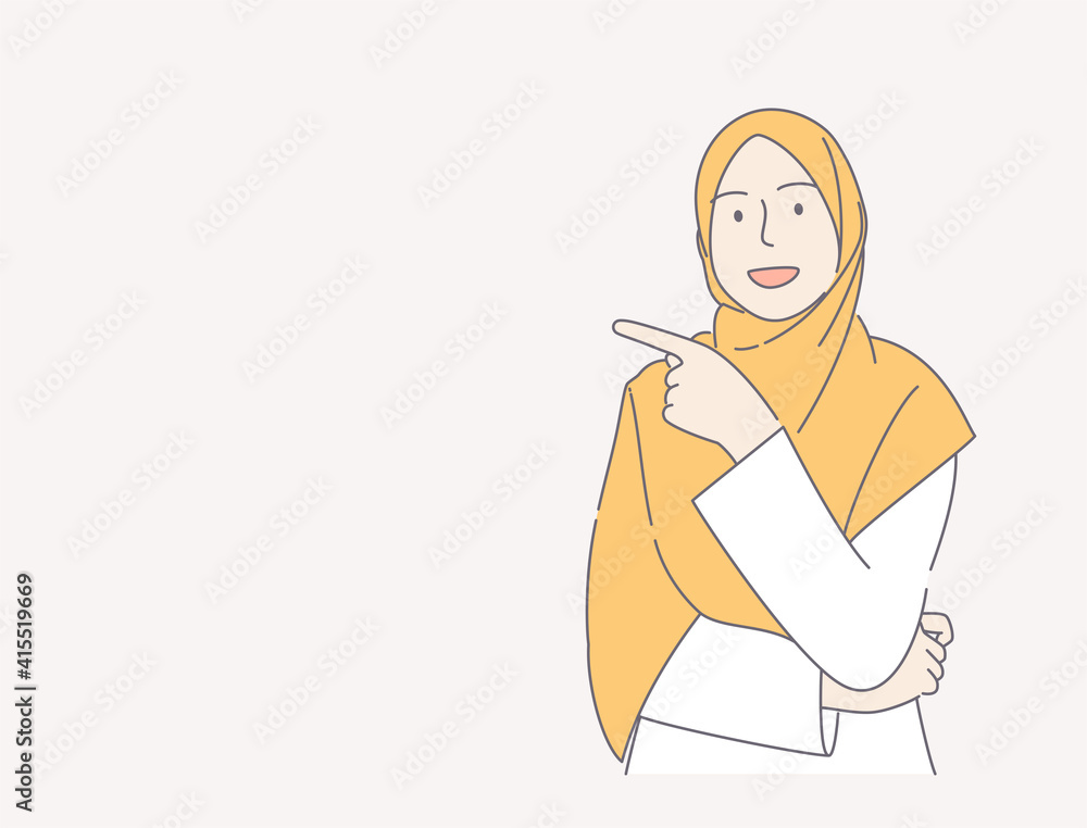 young woman wearing scarf over isolated pink background pointing finger hand drawn illustration concept. can use for, landing page, template, ui, web, homepage, poster, banner, flyer young woman wearing scarf over isolated pink background pointing finger hand drawn illustration concept. can use for, landing page, template, ui, web, homepage, poster, banner, flyer