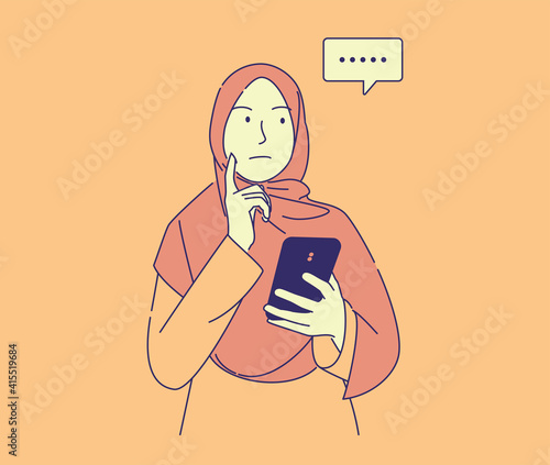 hand drawn illustration of pretty muslim woman holding phone thinking how to answer chat . cute young girl wear hijab with, can use for, landing page, template, ui, web, homepage, poster, banner, 