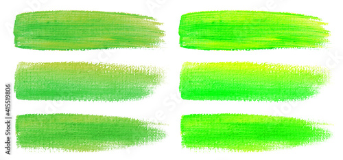 Green watercolor brush strokes. Canvas texture. Paint brush. Acrylic smear set. Vector illustration